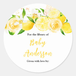 Lemons and Foliage Baby Shower Bookplate Runder Aufkleber
