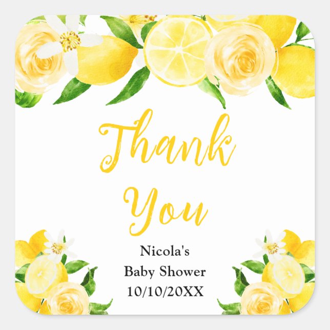 Lemons and Foliage Baby Shower Thank You Quadratischer Aufkleber (Vorderseite)