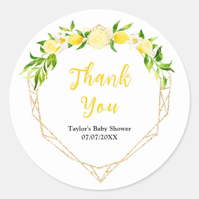 Lemons and Foliage Baby Shower Thank You Runder Aufkleber (Vorderseite)