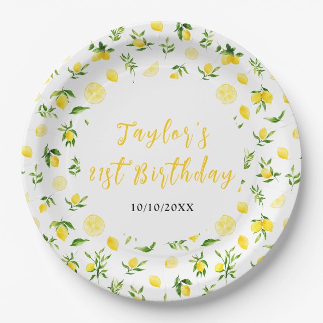 Lemons and Foliage Birthday Pappteller (Vorderseite)