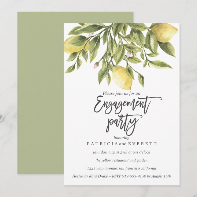 Lemons and Foliage Wedding Engagement Party v3 Einladung (Vorne/Hinten)