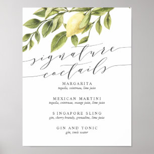Lemons and Leaves  Signature Cocktail Menu Sign Poster