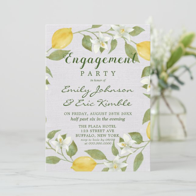 Lemons and Linen Watercolor Engagement Party Einladung (Stehend Vorderseite)