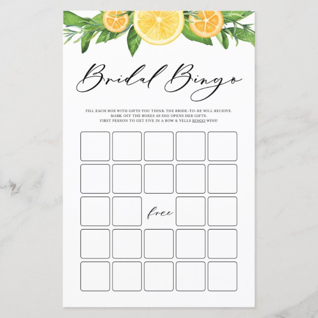 Lemons and Orange Summer Brautparty Bingo Game (Vorderseite)