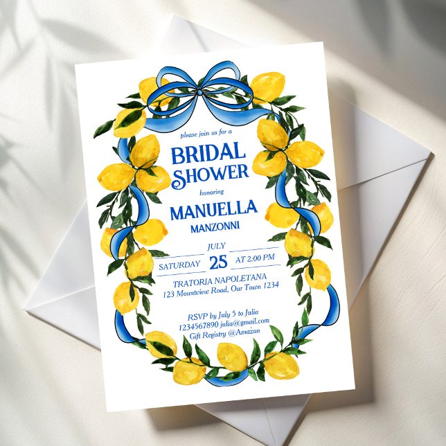 Lemons blaues Bugband-Brautparty Einladung (Lemons blue bow ribbon coquette Italian summer bridal shower invitation template instant download)