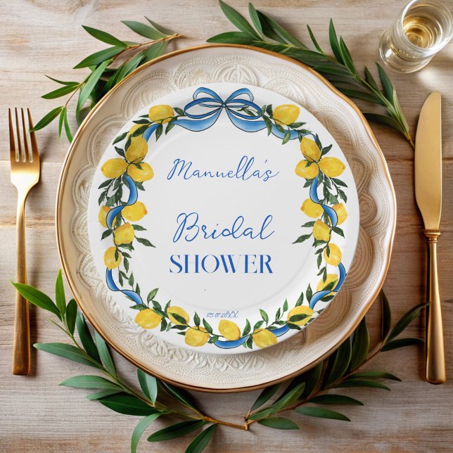 Lemons blaues Bugband Brautparty mit Monogramm Pappteller (Lemons blue bow ribbon citrus Italian bridal shower monogrammed paper plates personalized decor)