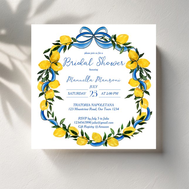 Lemons blaues Bugband Italienisches Brautparty Einladung (Lemons blue bow ribbon coquette Italian bridal shower Invitation template summer citrus invites)