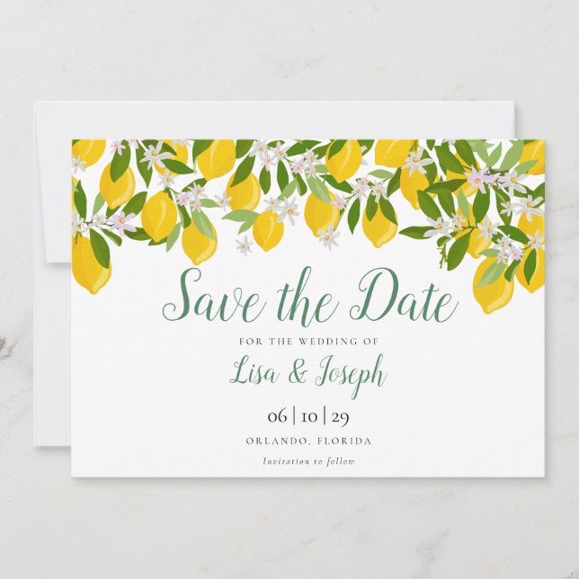 Lemons Blossom Elegant Script Save The Date (Vorderseite)