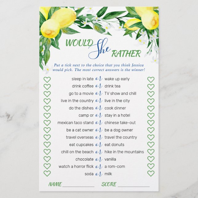 Lemons Blossom Greenerity Chic Brautparty Game (Vorderseite)
