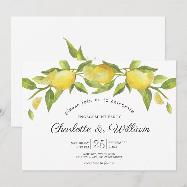 Lemons Blossom Greenery ENGAGEMENT PARTY Einladung (Vorne/Hinten)