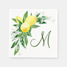 Lemons Blossom Greenery Monogram Party Paper