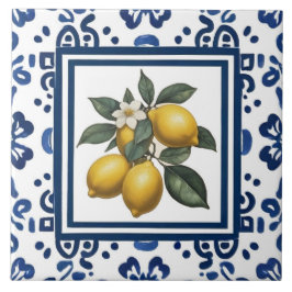 Lemons Blue and White Tribal Folk Art Pattern Fliese