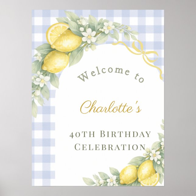 Lemons blue gingham bow garden birthday welcome poster (Vorne)