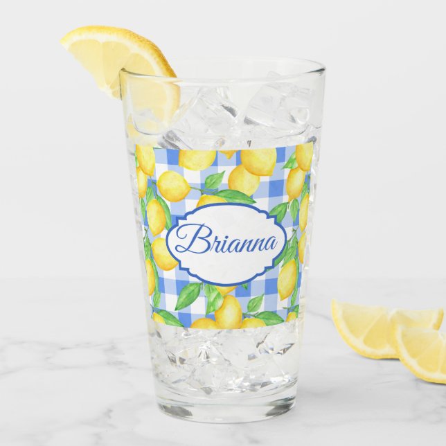 Lemons & Blue Gingham Personalisiert Glass Glas (Vorderseite Ice)