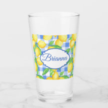 Lemons & Blue Gingham Personalisiert Glass