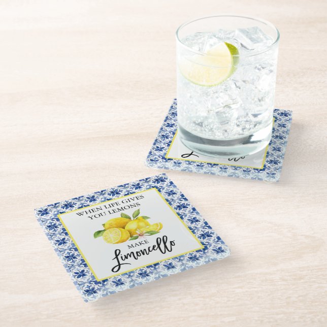 Lemons Blue Tile Limoncello Glasuntersetzer (Schrägansicht)