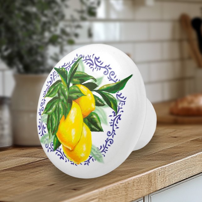 Lemons & Blue Toile Keramikknauf (French European Country Kitchen Artisan Knobs with Lemons and Blue Toile)