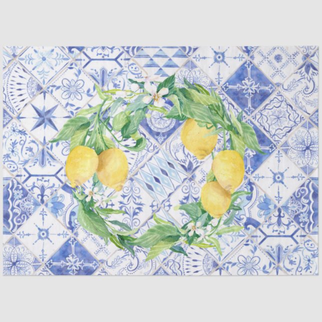 Lemons Blue White Rustico Farmhouse Tile Decoupage Seidenpapier (Vorderseite)