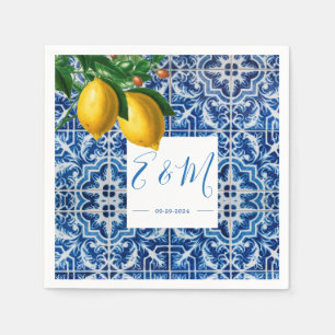 Lemons Blue White Tile Summer Monogram Serviette