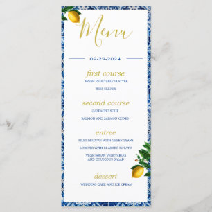 Lemons Blue White Tiles Summer Monogram Menükarte
