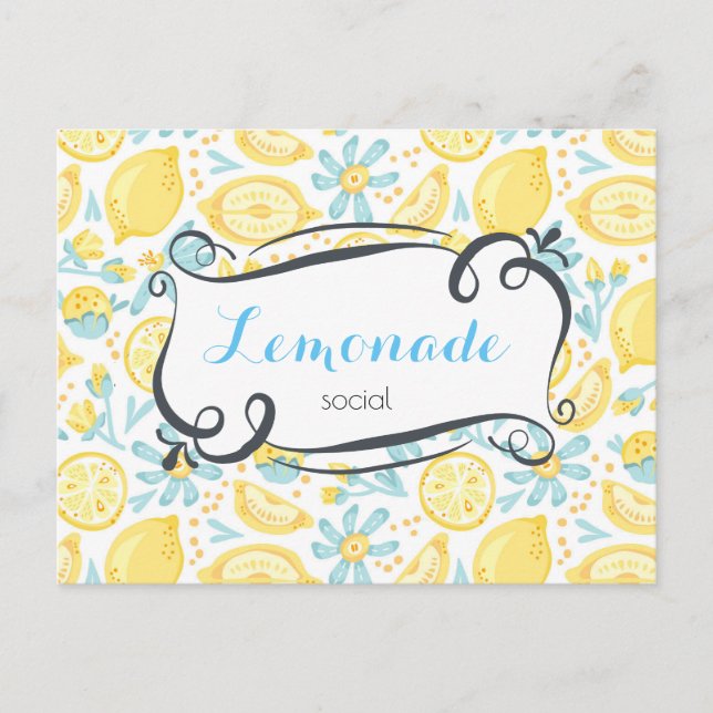 Lemons & Blume Pattern Lemonade Sozialeinladung Einladungspostkarte (Vorderseite)