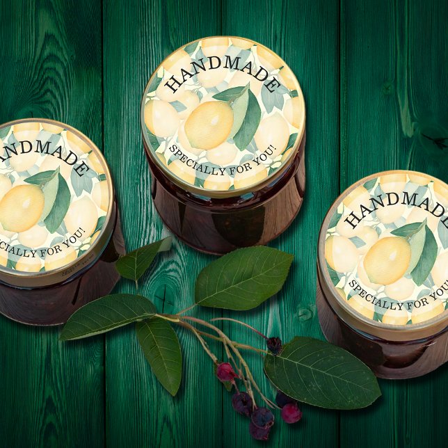Lemons Citrus HANDMADE für Sie Runder Aufkleber (HANDMADE for You round stickers on a citrus lemon background)