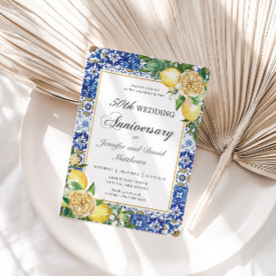 Lemons Floral Blue Tiles 50. Hochzeitstag Einladung