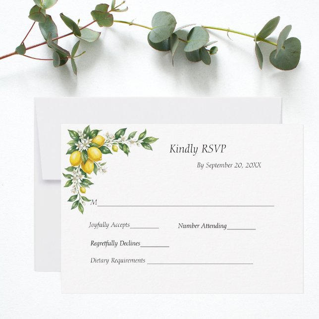 Lemons Floral Greenery Traditional Formal Wedding RSVP Karte (Lemons White Florals Citrus Mediterranean Wedding RSVP card)
