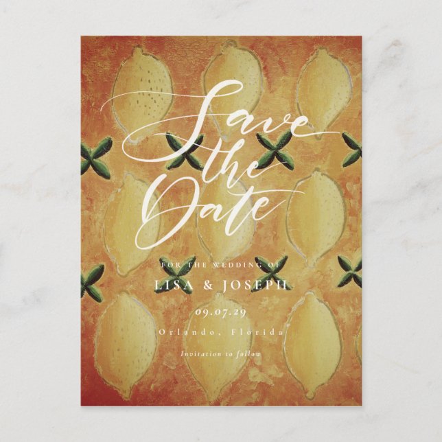 Lemons Fruit Country Skript Save the Date Ankündigungspostkarte (Vorderseite)