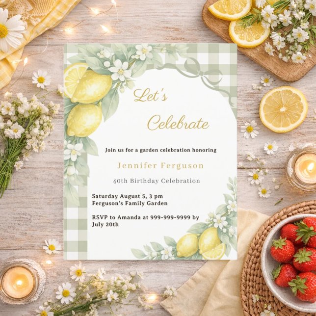 Lemons gingham sage garden tea birthday invitation (Von Creator hochgeladen)