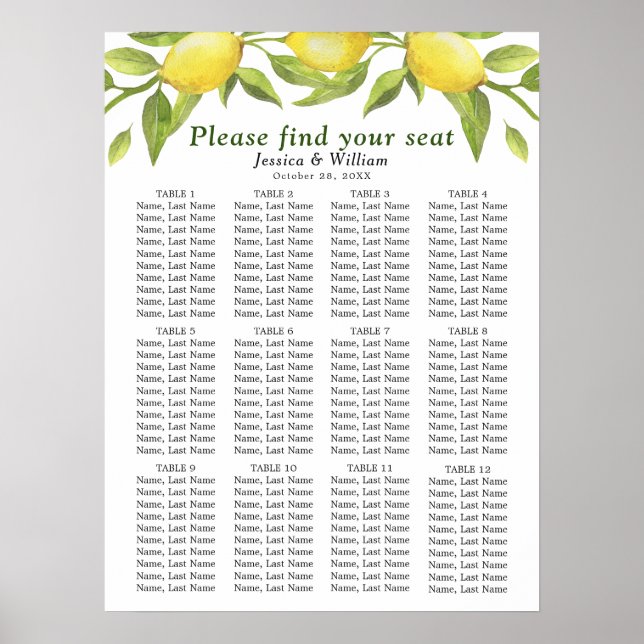 Lemons & Greenery 12 Tische Hochzeitszettel Poster (Vorne)