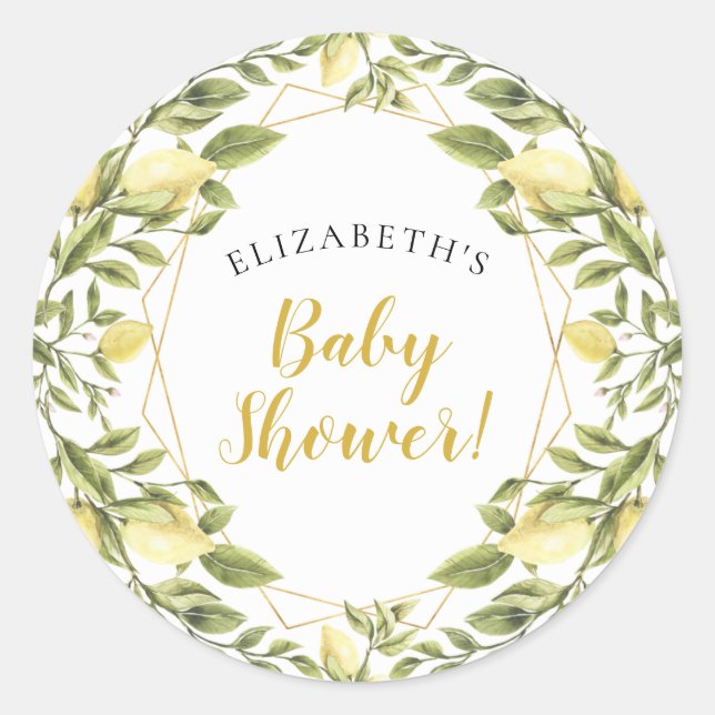 Lemons Greenery Baby Shower Runder Aufkleber (Vorderseite)