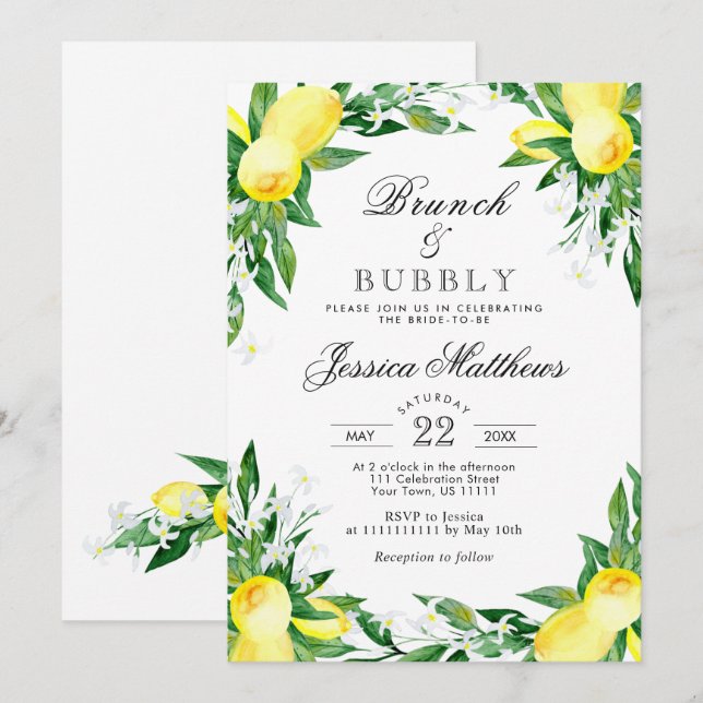 Lemons Greenery Blossom Brunch & Bubbly Einladung (Vorne/Hinten)