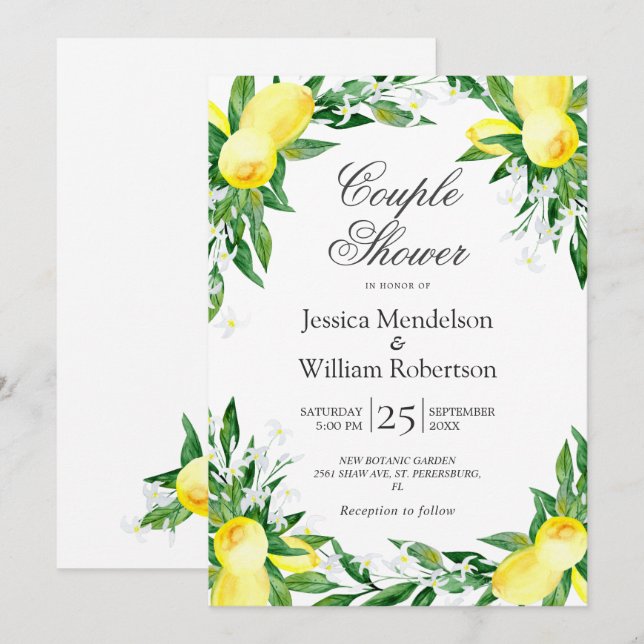 Lemons Greenery Blossom Couple Dusche Einladung (Vorne/Hinten)
