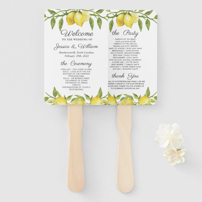 Lemons Greenery Blossom Wedding Program Fächer (Vorne und Hinten)