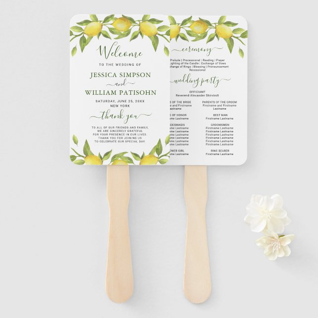 Lemons Greenery Blossom Wedding Program Hand Fan Fächer (Vorne und Hinten)