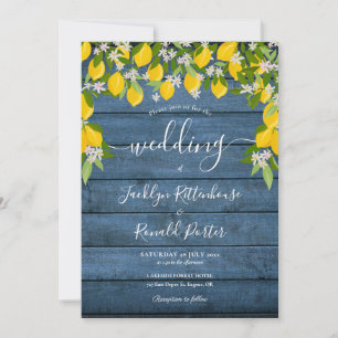Lemons Greenery Blue Rustic Wood Wedding Einladung