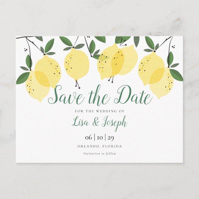 Lemons Greenery Elegant Save the Date Ankündigungspostkarte (Vorderseite)