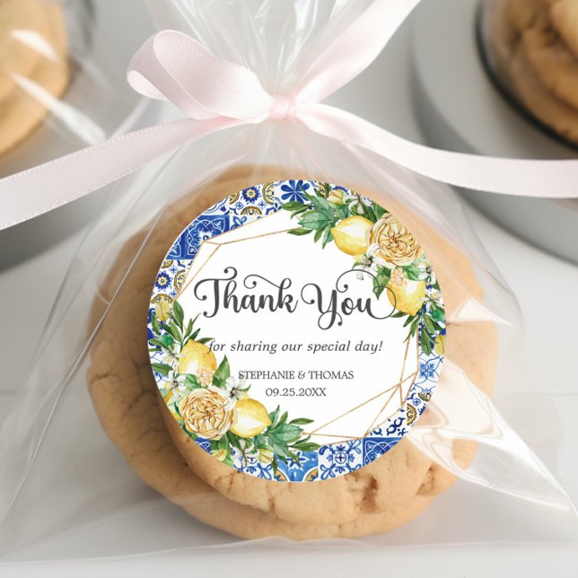 Lemons Greenery Mediteranean Mosaic Tiles Wedding Runder Aufkleber (Von Creator hochgeladen)