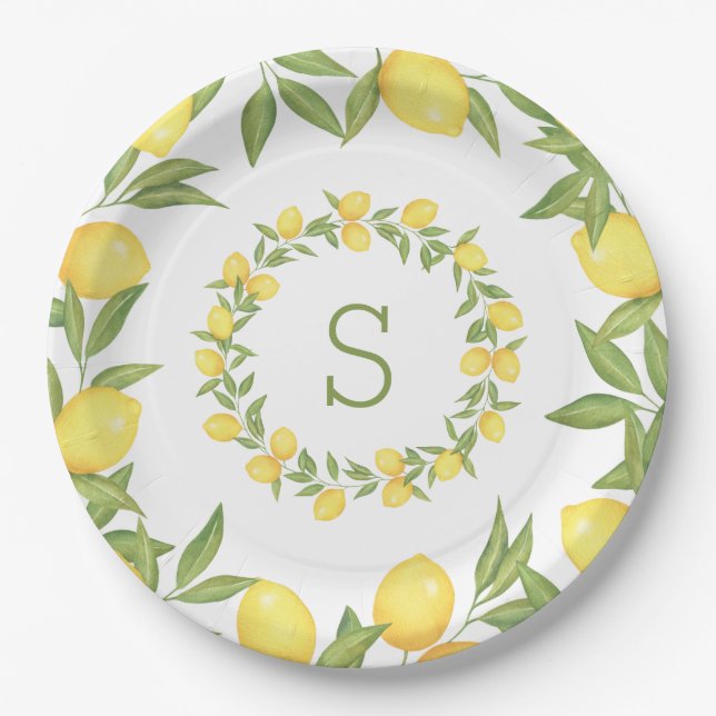 Lemons Greenery Monogram Elegant Pappteller (Vorderseite)
