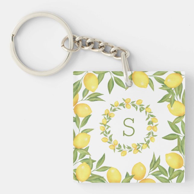 Lemons Greenery Monogram Elegant Schlüsselanhänger (Vorderseite)
