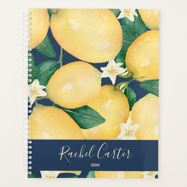 Lemons Greenery Personalisiert Navy Blue Planer (Vorderseite)
