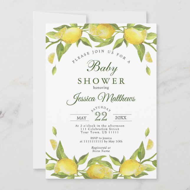 Lemons Greenery Watercolor NEUTRAL Baby Shower Einladung (Vorderseite)