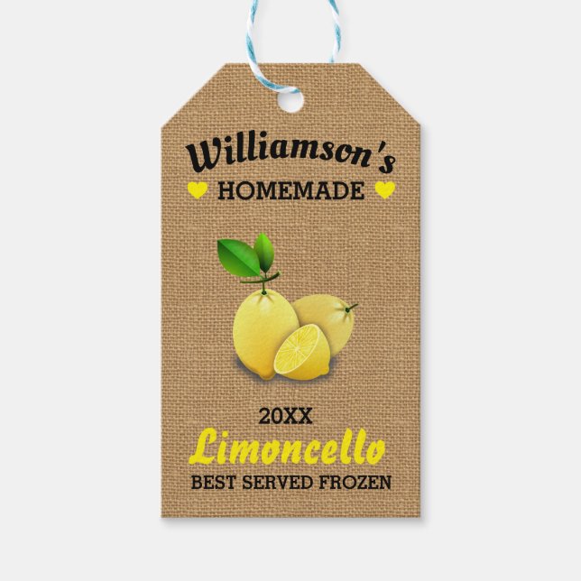 Lemons Homemade Limoncello Rustic Burlap Geschenkanhänger (Vorderseite)