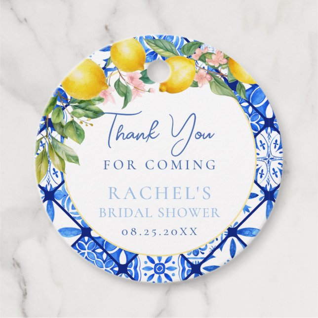 Lemons Italian Blue Tiles Brautparty Vielen Dank Geschenkanhänger (Vorderseite)
