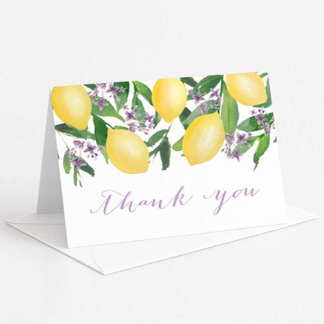 Lemons Lavender Lila Wasserfarbe Zitrusfrüchte Fal Dankeskarte (Lemons with lavender blossoms bridal shower thank you card)