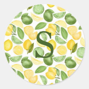 Lemons Limes Muster Wasserfarben Monogramm Einfach Runder Aufkleber