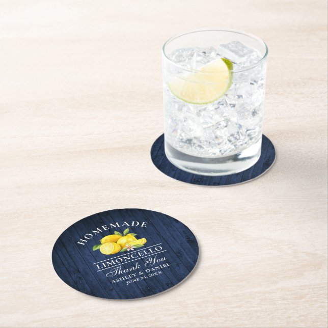 Lemons Limoncello Wedding Blue Imitats Wood Runder Pappuntersetzer (Vor Ort)