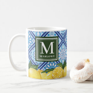 Lemons Mediterranean Blue Tiles Monogram Kaffeetasse