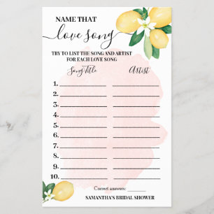 Lemons Name that Love Song Pink Shower Game Card Flyer